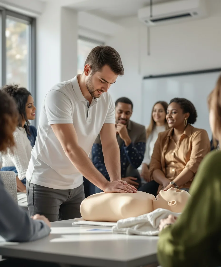 Erste Hilfe Kurs – Teilnehmer üben Reanimation in modernem Schulungsraum